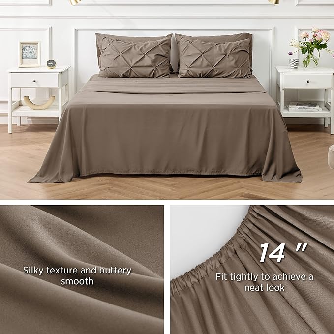 Bedsure Twin XL Comforter Set - Extra Long 5 Pieces Dorm Room Essentials, Pinch Pleat Brown Bed in a Bag with Comforter, Sheets, Pillowcase & Sham, Kids Bedding Set - LeafyLoom