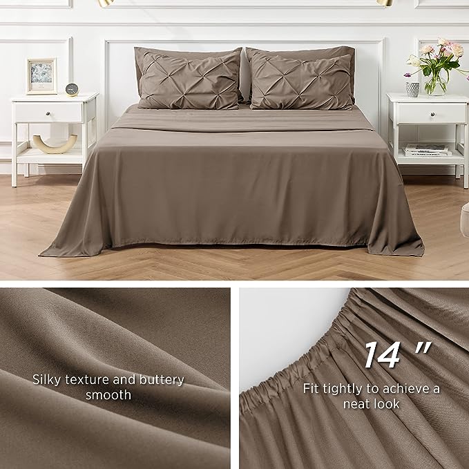 Bedsure Twin XL Comforter Set - Extra Long 5 Pieces Dorm Room Essentials, Pinch Pleat Brown Bed in a Bag with Comforter, Sheets, Pillowcase & Sham, Kids Bedding Set - LeafyLoom