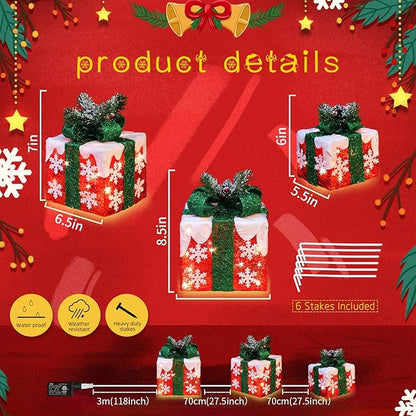 [Large 10"x8.5"x6.5" Christmas Set of 3 Lighted Gift Boxes Decorations Pre-lit 70 Super-Bright LED with Flashers,for Indoor Outdoor Christmas Tree Skirt Ornament Pathway Holiday Party Home GLOWNOVA