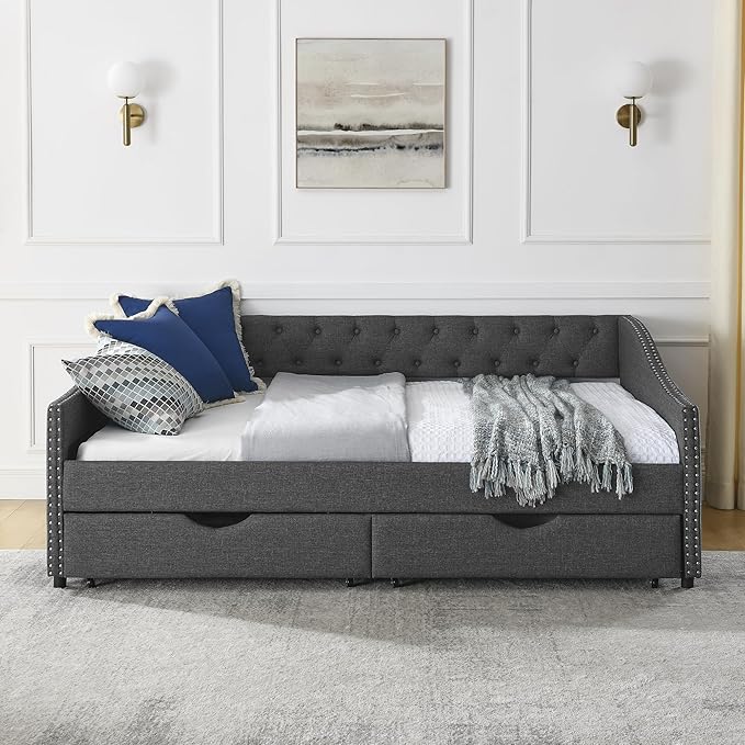 Full Size Daybed with Two Storage Drawers, Linen Upholstered Tufted Sofa Bed w/Button on Back and Copper Nail on Waved Shape Arms, for Bedroom Living Room, No Box Spring Needed, Dark Grey - LeafyLoom