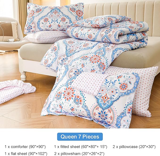 Printed Queen Bedding Sets with Comforter and Sheets, Lightweight Boho Floral 7 Piece Bed in A Bag Comforter Set for Women, Pink and Blue Mandala Flower Pattern - LeafyLoom