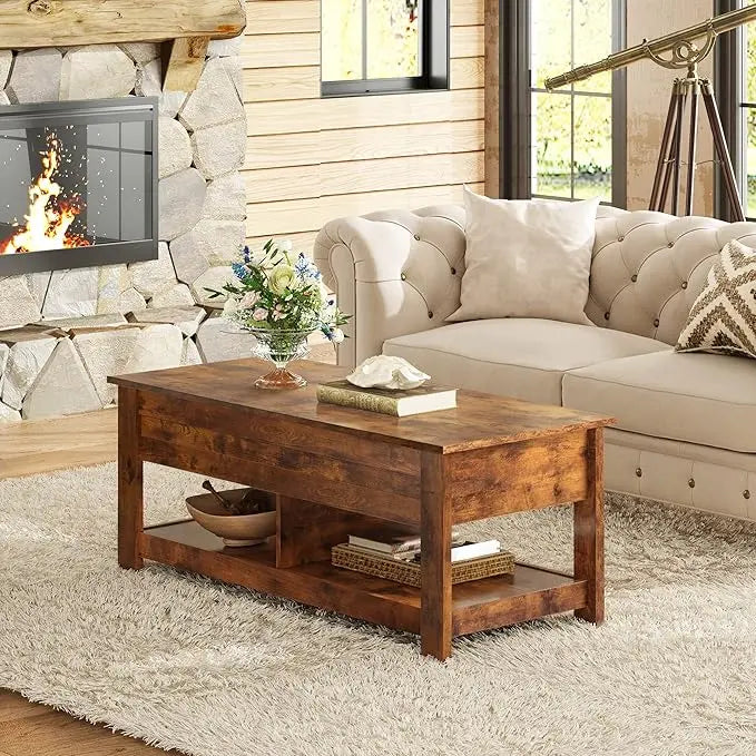 WLIVE Coffee Table, 47" Lift Top Coffee Table with Hidden Compartment and 2 Storage Shelves for Living Room, Rustic Brown - LeafyLoom