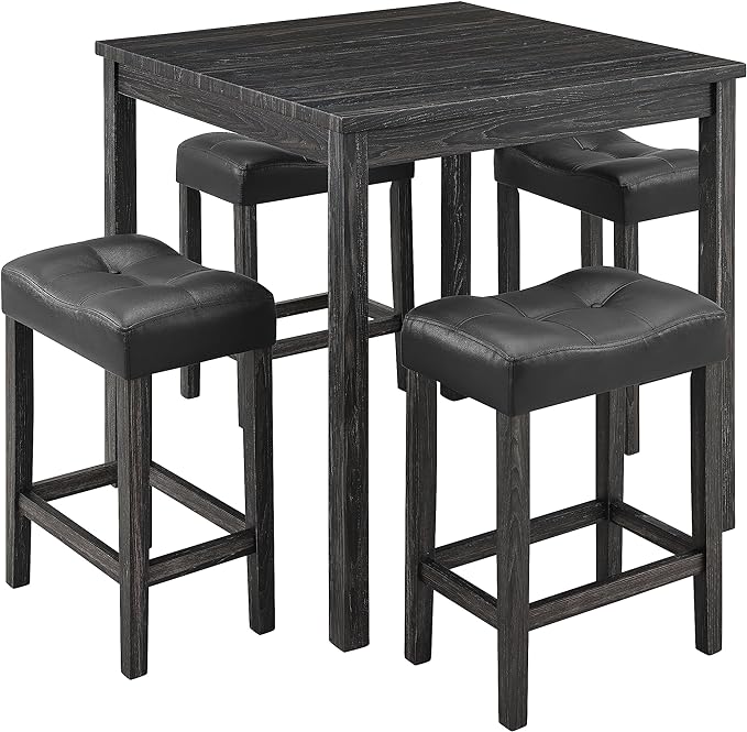 5 Piece Industrial Bistro Dining Set, Square Breakfast Table + 4 Upholstered Stools, for Living, Small Apartment, Kitchen, Farmhouse, Game Room, Black - LeafyLoom