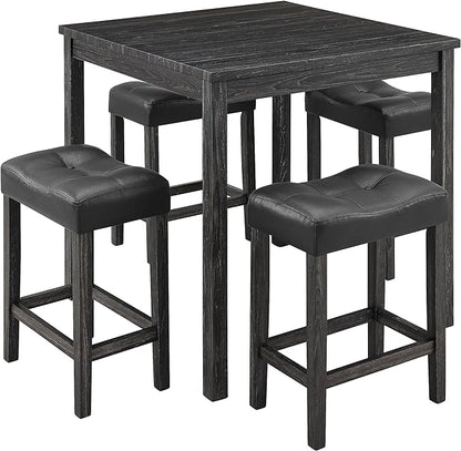 5 Piece Industrial Bistro Dining Set, Square Breakfast Table + 4 Upholstered Stools, for Living, Small Apartment, Kitchen, Farmhouse, Game Room, Black - LeafyLoom