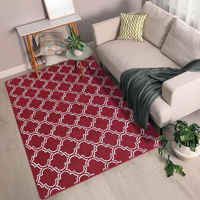 Chicrug Shag Geometric 5x7 Area Rug for Living Room, Large Modern Memory Foam Indoor Carpet, Fluffy Rug for Bedroom Bedside Room Decor for Family Girls Kids Nursery, Wine Red/White - LeafyLoom