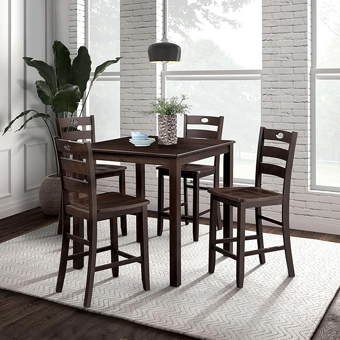 Furniture of America Burnett Wood 5-Piece Counter Height Dining Room Set, Square Table and 4 Durable Slat Back Chairs with Footrest for Home Kitchen Furniture, Dinettes, Espresso - LeafyLoom