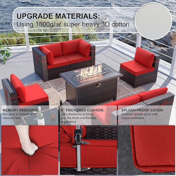 Kullavik 8 Pieces Outdoor Patio Furniture Set with 43" 55000BTU Gas Propane Fire Pit Table PE Wicker Rattan Sectional Sofa Patio Conversation Sets,Red - LeafyLoom