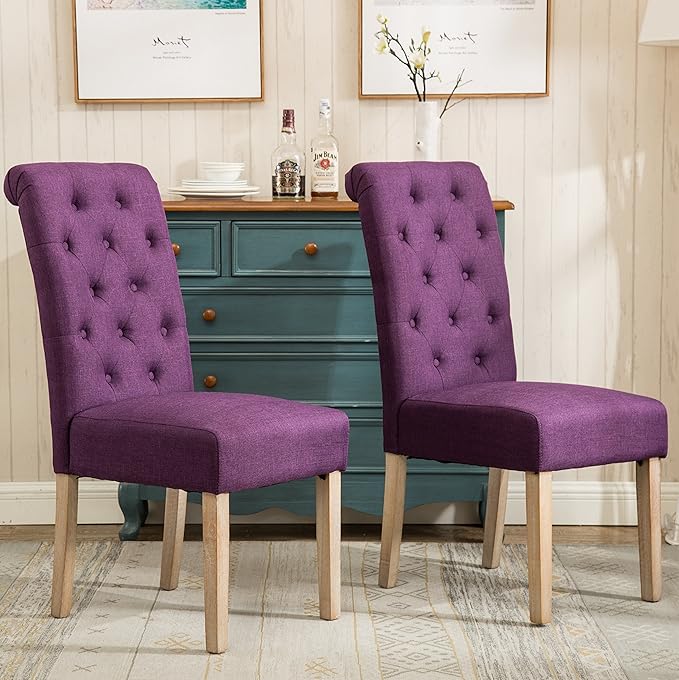 Roundhill Furniture Habit Solid Wood Tufted Parsons Purple Dining Chair, Set of 2 - LeafyLoom