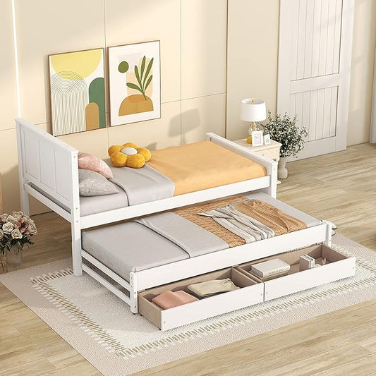 Merax Classic Solid Wooden Bed Farme with Trundle Bed and Drawers Storage Sofa Bed for Living Room Bedroom Guest Room Space Saving,White - LeafyLoom