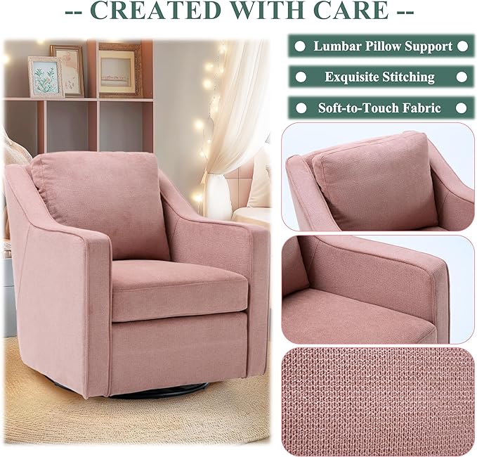 COLAMY 360° Swivel Accent Chair Set of 2, Upholstered Fabric Leisure Armchair with Lumbar Pillow for Living Room Bedroom Home Office, Pink - LeafyLoom