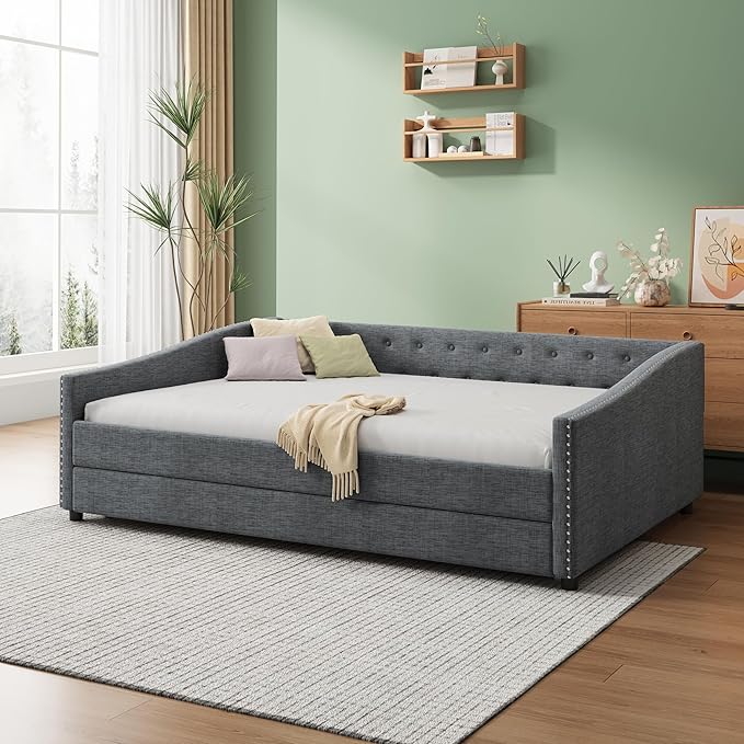 Full Size Upholstered Daybed with Twin Size Trundle,Wood Sofa Bed Frame W/Button Tufted Back and Nailhead Decorated Waved Shape Arms,Slat Support,for Bedroom,Living Room,Apartment,Dark Gray - LeafyLoom