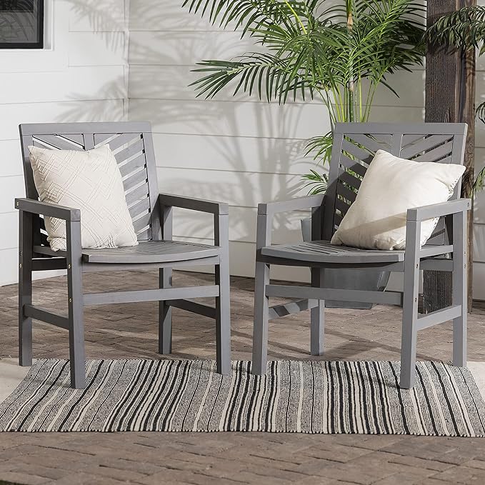 Walker Edison 2 Piece Outdoor Patio Chevron Wood Chair Set All Weather Backyard Conversation Garden Poolside Balcony, Set of 2, Grey - LeafyLoom