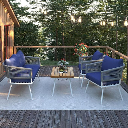 4-Piece, Boho Rope Outdoor Furniture Patio Conversation Sets with Deep Seating & Thick Cushion, Wicker Rattan Chairs Garden Backyard Balcony Porch Poolside loveseat, OneSize, Kb-Navy Blue - LeafyLoom