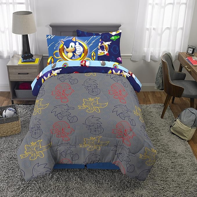 Franco Kids Bedding Super Soft Comforter and Sheet Set with Sham, 5 Piece Twin Size, Sonic The Hedgehog, Anime - LeafyLoom