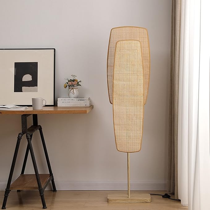 Amud - Floor Lamp, 2-Light with Bamboo Wicker Panels Wood Finish, Beige - LeafyLoom