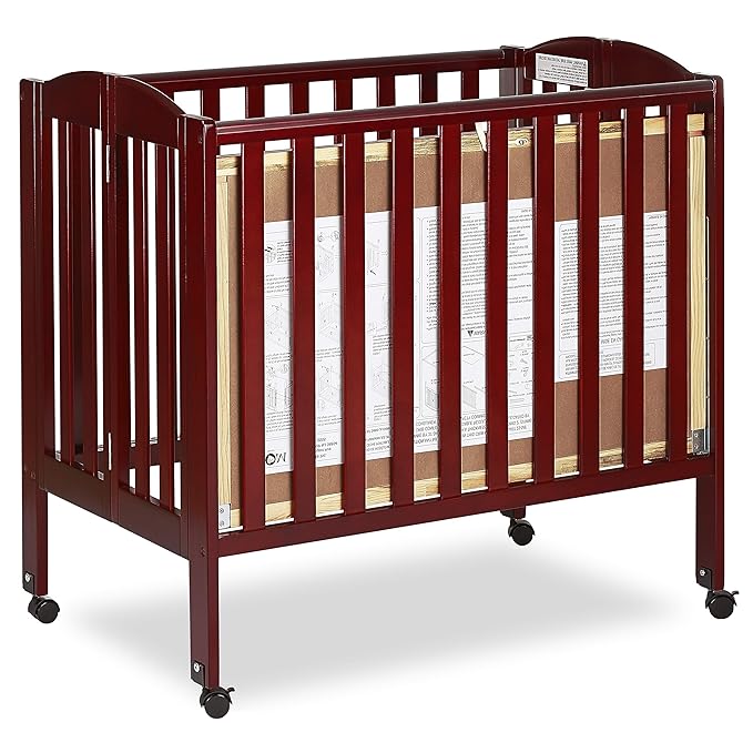 Dream On Me 3 in 1 Portable Folding Stationary Side Crib in Cherry, Greenguard Gold Certified, Safety Wheel with Locking Casters, Convertible, 3 Mattress Heights - LeafyLoom