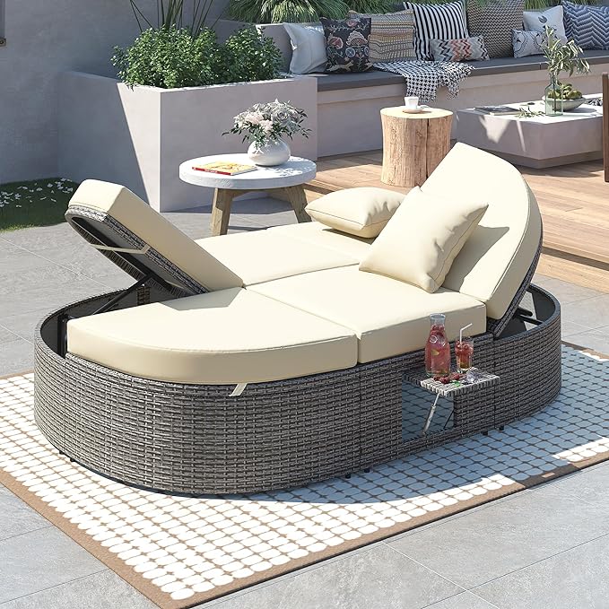 Outdoor DayBed Patio 2-Person Rattan Sun Bed Reclining Chaise Lounge with Adjustable Backrests, Foldable Cup Trays and Pillows, for Lawn,Poolside, Beige - LeafyLoom