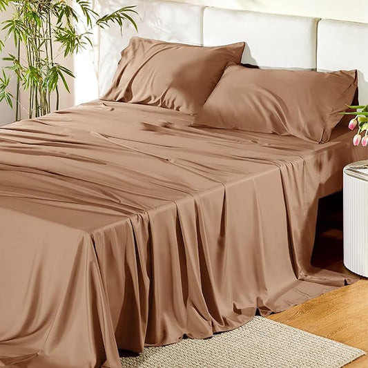 Bedsure Full Size Sheets, Cooling Sheets Full, Rayon Derived from Bamboo, Deep Pocket Up to 16", Breathable & Soft Bed Sheets, Hotel Luxury Silky Bedding Sheets & Pillowcases, Taupe - LeafyLoom