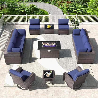 Kullavik 13PCS Outdoor Patio Furniture Set,PE Wicker Rattan Sectional Sofa Patio Conversation Sets with 43" 55000BTU Gas Propane Fire Pit Table,Swivel Rocking Chairs Set,Navy Blue - LeafyLoom