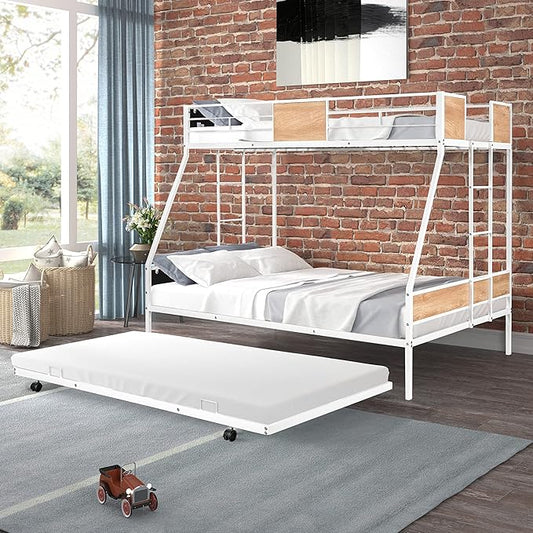 Twin over Full Bunk Bed with Trundle,Heavy-duty Sturdy Metal,Noise Reduced,Safety Guardrail,Wooden Decoration,Convenient-Trundle,Bunk-Bed for Three,CPC Certified,No Box Spring Needed,White - LeafyLoom