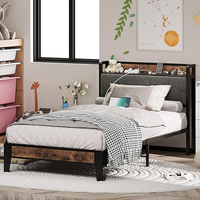 LIKIMIO Twin Bed Frames, Storage Headboard with Charging Station, Solid and Stable, Noise Free, No Box Spring Needed, Easy Assembly - LeafyLoom