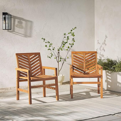 Walker Edison 2 Piece Outdoor Patio Chevron Wood Chair Set All Weather Backyard Conversation Garden Poolside Balcony, Set of 2, Brown - LeafyLoom