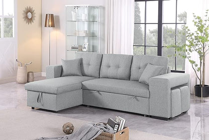 RITSU Reversible Sectional Sofa with Pull Out Loveseat Sleeper Bed Storage Space and 2 Stools, Corner Couch with Side Cabinets, Suitable for Living Room, Apartment Light Gray, 95.27inch - LeafyLoom