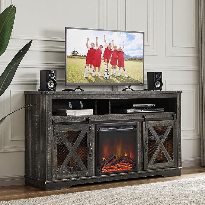 Okvnbjk Fireplace TV Stand for TVs up to 70", Entertainment Center with 18" Electric Fireplace, Farmhouse TV Stand Industrial Media Console with Sliding Barn Door for Living Room, 58 Inch, Dark Oak - LeafyLoom