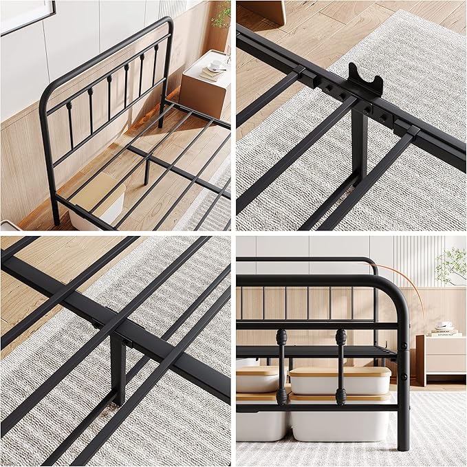 Vintage Full Size Bed Frame with Headboard and Footboard Mattress Heavy Duty Metal Platform, Steel Slat Support (Full, Black Sanded) - LeafyLoom