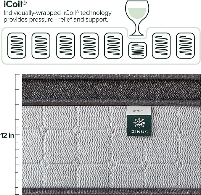 ZINUS 12 Inch Comfort Support Cooling Gel Hybrid Mattress, Twin, Euro Top Innerspring Mattress, Motion Isolating Pocket Springs, Mattress in A Box - LeafyLoom