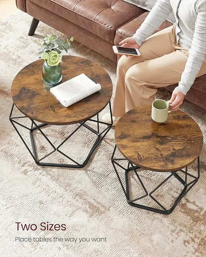 VASAGLE Small Coffee Table Set of 2, Round Coffee Table with Steel Frame, Side End Table for Living Room, Bedroom, Office, Rustic Brown and Ink Black - LeafyLoom