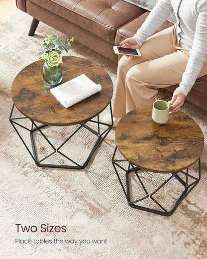 VASAGLE Small Coffee Table Set of 2, Round Coffee Table with Steel Frame, Side End Table for Living Room, Bedroom, Office, Rustic Brown and Ink Black - LeafyLoom