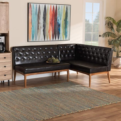 Baxton Studio Riordan Mid-Century Modern Dark Brown Faux Leather Upholstered and Walnut Brown Finished Wood 2-Piece Dining Nook Banquette Set - LeafyLoom