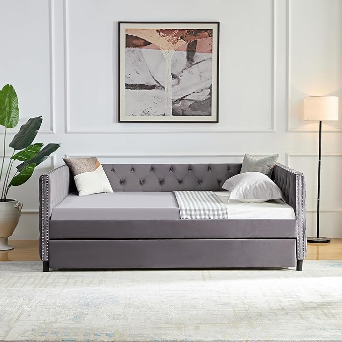 Velvet Upholstered Full Size Daybed with Twin Trundle, Solid Wooden Sofa Bed Frame w/Button Tufted Backrest, No Box Spring Needed, for Bedroom, Living, Guest Room - LeafyLoom