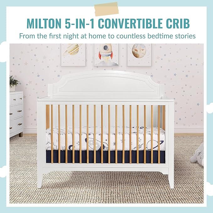 JPMA & Greenguard Gold Certified Milton 5-in-1 Convertible Crib Made with Sustainable New Zealand Pinewood in White and Natural, Non-Toxic Finish - LeafyLoom