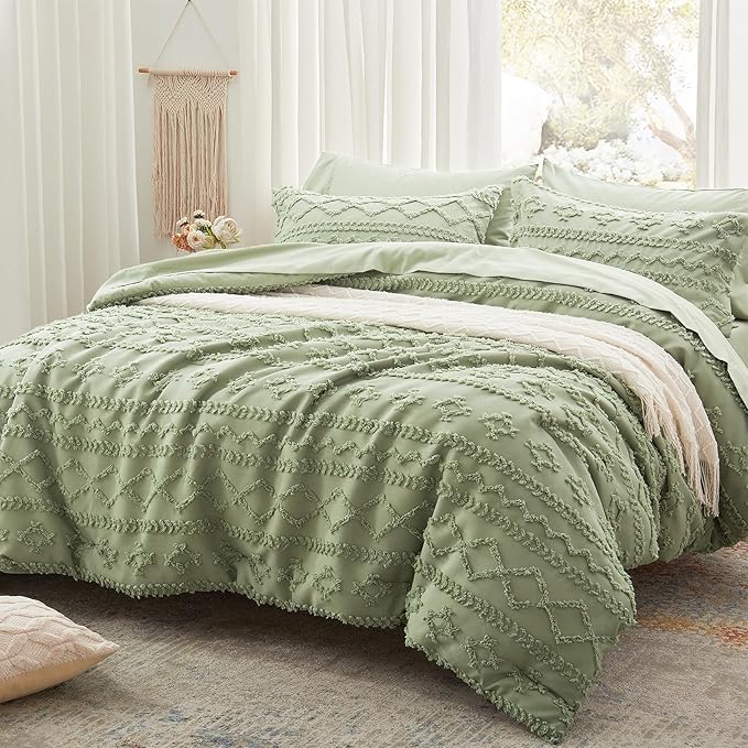 Anluoer Full Comforter Set 7 Pieces, Sage Green Tufted Bed in a Bag with comforters and sheets, All Season Bedding Sets with 1 Comforter, 2 PillowShams, 2 Pillowcases, 1 Flat Sheet, 1 Fitted Sheet - LeafyLoom