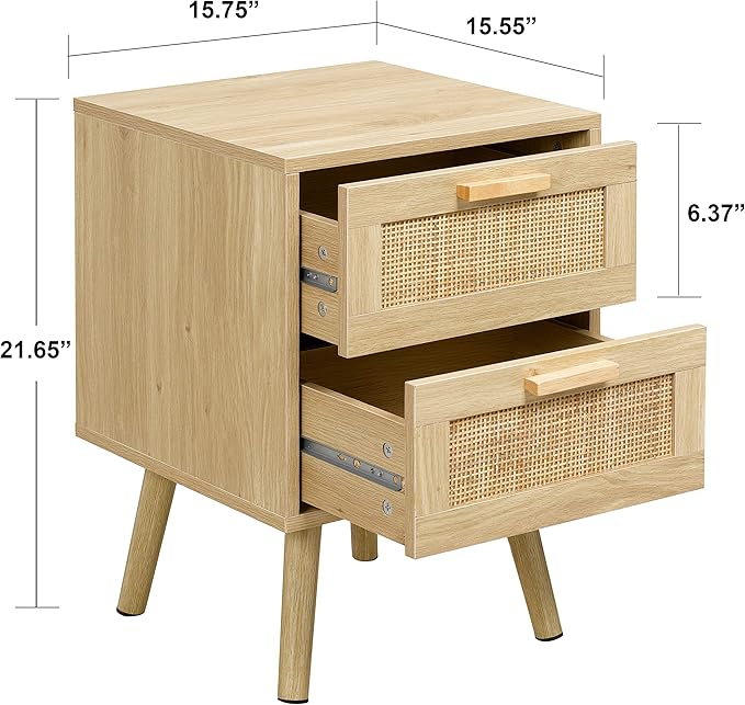 Finnhomy Nightstand, End Table, Side Table with 2 Hand Made Rattan Decorated Drawers, Wood Accent Table with Storage for Bedroom, Natural (Patented) - LeafyLoom