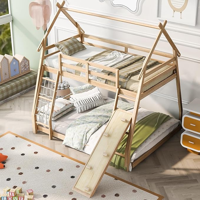 Twin Over Queen House Shape Bunk Bed, Wooden Bunk Beds House Bed with Climb Nets and Climbing Ramp for Kids Boys Girls Bedroom, No Box Spring Needed, Natural - LeafyLoom