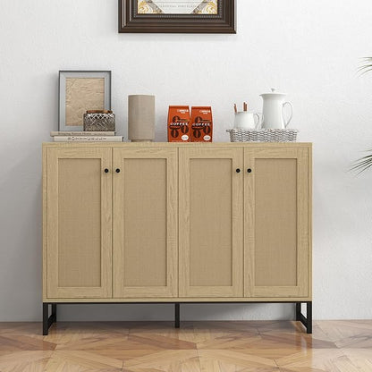 Panana Sideboard Accent Storage Cabinet with Rattan Decorated 4 Doors Dining Room Freestanding Kitchen Buffet Table Cupboard (Natural) - LeafyLoom