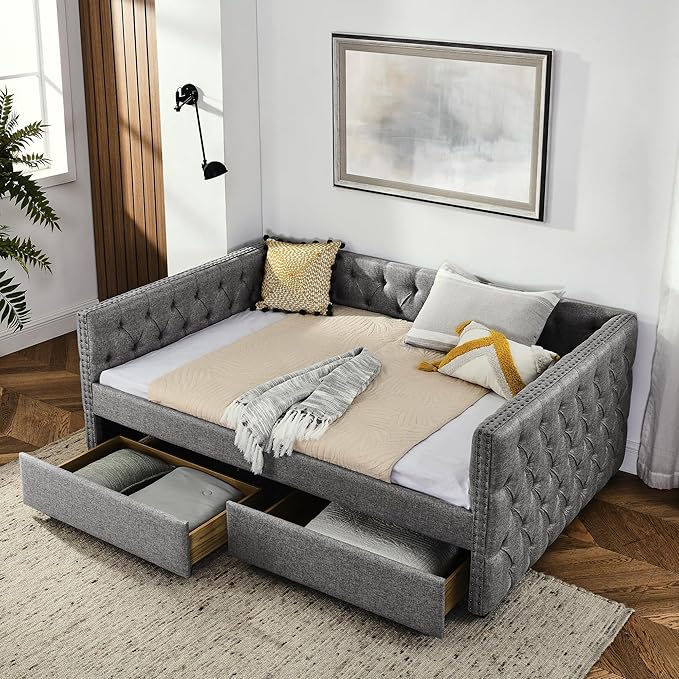 Full Size Upholstered Daybed, Pull Out with Two Storage Drawers, Solid Wood Frame Bed, Tufted Buttons and Copper Nails On Square Arms, for Bedrooms,Apartments - LeafyLoom