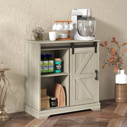 Panana Sliding Barn Door Buffet Sideboard Storage Cabinet Coffee Bar Kitchen Farmhouse Style (Oak) - LeafyLoom