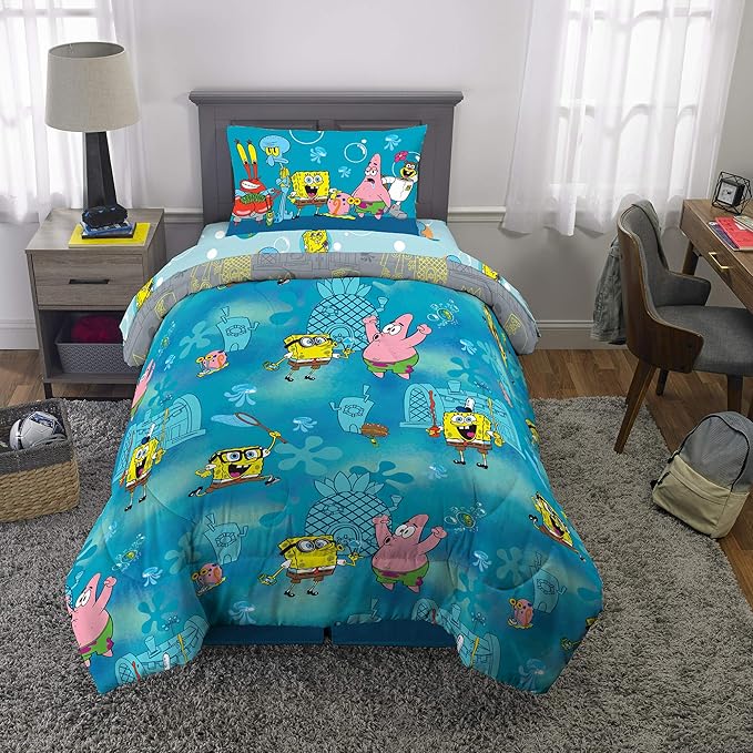 Franco Kids Bedding Super Soft Comforter and Sheet Set, 4 Piece Twin Size, Spongebob - LeafyLoom