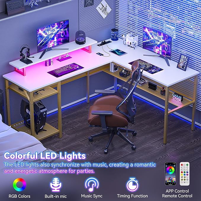 Reversible L Shaped Computer Desk with Power Outlet & Monitor Stand, 55 Inch Office Desk with RGB LED Light, Sturdy Corner Desk with Storage Shelf, Gaming Table, Easy to Assemble, White - LeafyLoom