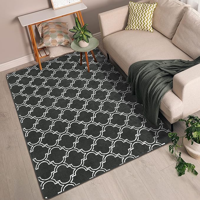 Chicrug Shag Geometric Modern Area Rug for Living Room, 7x10 Feet Large Memory Foam Indoor Carpet, Fluffy Rug for Bedroom Bedside Room Decor for Family Girls Kids Nursery, Dark Grey/White - LeafyLoom