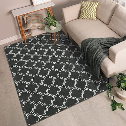 Chicrug Shag Geometric Modern Area Rug for Living Room, 7x10 Feet Large Memory Foam Indoor Carpet, Fluffy Rug for Bedroom Bedside Room Decor for Family Girls Kids Nursery, Dark Grey/White - LeafyLoom