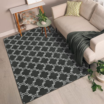 Chicrug Shag Geometric Modern Area Rug for Bedroom, 3x5 Feet Memory Foam Indoor Carpet, Fluffy Rug for Living room Bedside Room Decor for Family Girls Kids Nursery Play Mat, Dark Grey/White - LeafyLoom