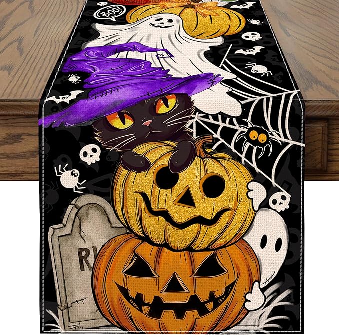 Halloween Table Runner 108 Inches Long Pumpkin Black Cat Halloween Table Runners Happy Halloween Boo Ghost Theme Decor for Kitchen Dining Table Home Party Decorations Unibyby