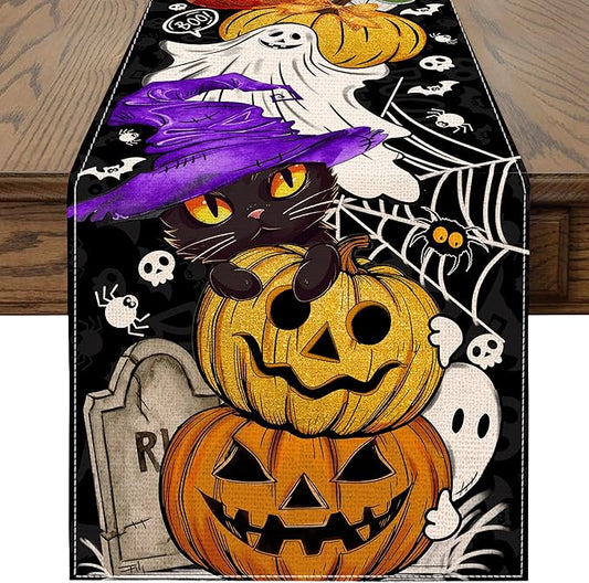 Halloween Table Runner 90 Inches Long Pumpkin Black Cat Halloween Table Runners Happy Halloween Boo Ghost Theme Decor for Kitchen Dining Table Home Party Decorations Unibyby