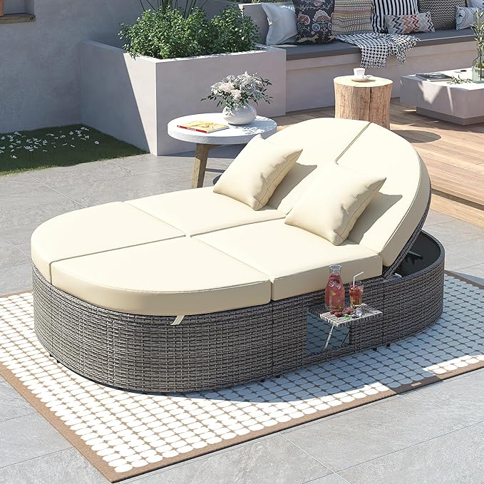 Outdoor DayBed Patio 2-Person Rattan Sun Bed Reclining Chaise Lounge with Adjustable Backrests, Foldable Cup Trays and Pillows, for Lawn,Poolside, Beige - LeafyLoom