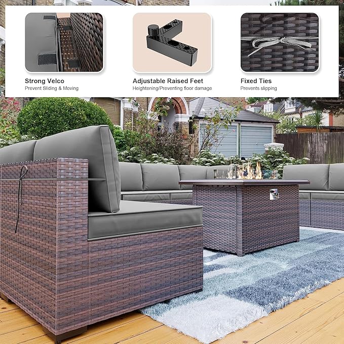 Kullavik 13 Pieces Outdoor Patio Furniture Set with 43" 55000BTU Gas Propane Fire Pit Table PE Wicker Rattan Sectional Sofa Patio Conversation Sets,Grey - LeafyLoom